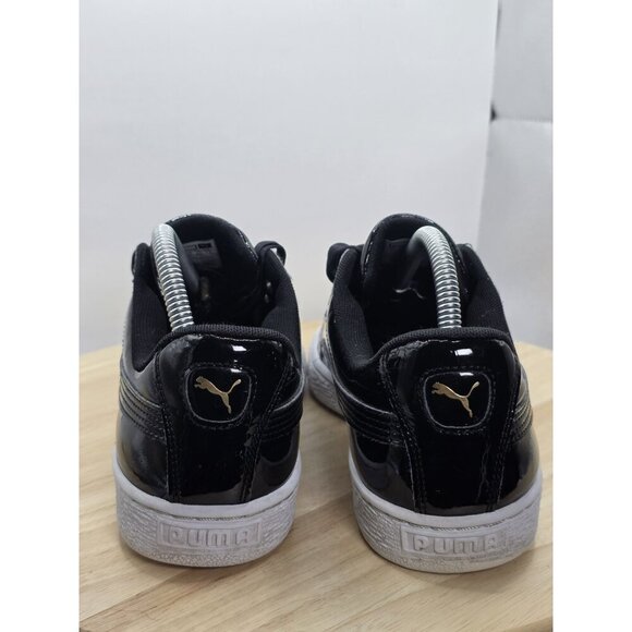 Puma Basket Heart Sneakers Shoes Womens 9.5 Patent Black Running Athletic Ribbon - Picture 5 of 7